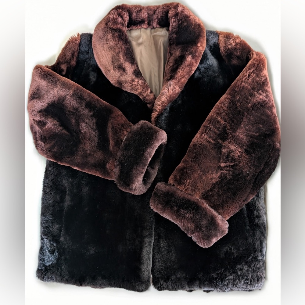 Vintage Mouton Jacket  Sears & Roebuck Black/Brown with Maroon Hues size Large